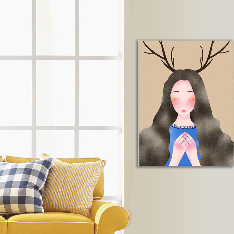 Fantasy Deer Girl Canvas Wall Art Cartoon Textured Surface Wall Decor for Dining Room Clearhalo 'Art Gallery' 'Canvas Art' 'Kids' Arts' 1598859