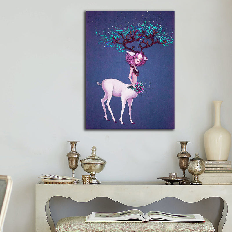 Fantasy Deer Girl Canvas Wall Art Cartoon Textured Surface Wall Decor for Dining Room Purple Clearhalo 'Art Gallery' 'Canvas Art' 'Kids' Arts' 1598864