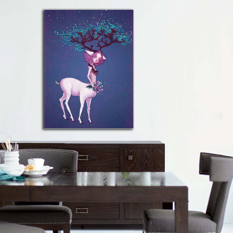 Fantasy Deer Girl Canvas Wall Art Cartoon Textured Surface Wall Decor for Dining Room Clearhalo 'Art Gallery' 'Canvas Art' 'Kids' Arts' 1598865