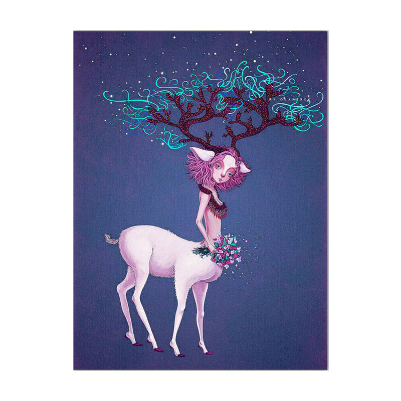 Fantasy Deer Girl Canvas Wall Art Cartoon Textured Surface Wall Decor for Dining Room Clearhalo 'Art Gallery' 'Canvas Art' 'Kids' Arts' 1598867