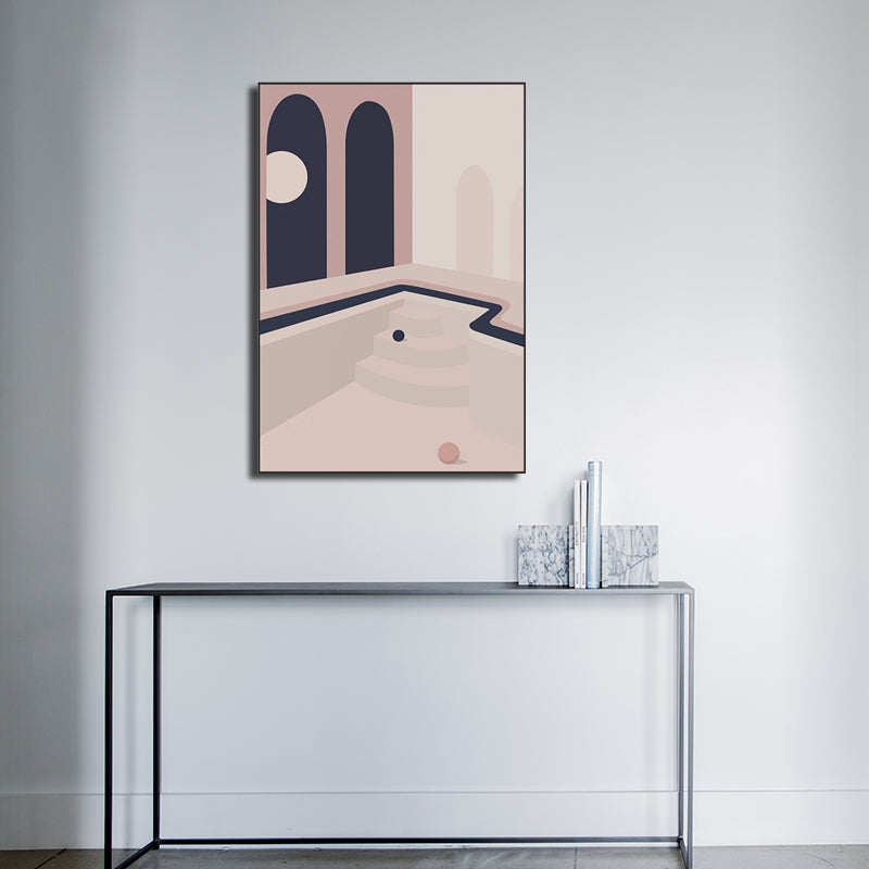 Ball and Patio Wall Art for Bedroom Architecture Canvas Print in Pink, Textured Surface Pink Clearhalo 'Art Gallery' 'Canvas Art' 'Contemporary Art Gallery' 'Modern' Arts' 1598871