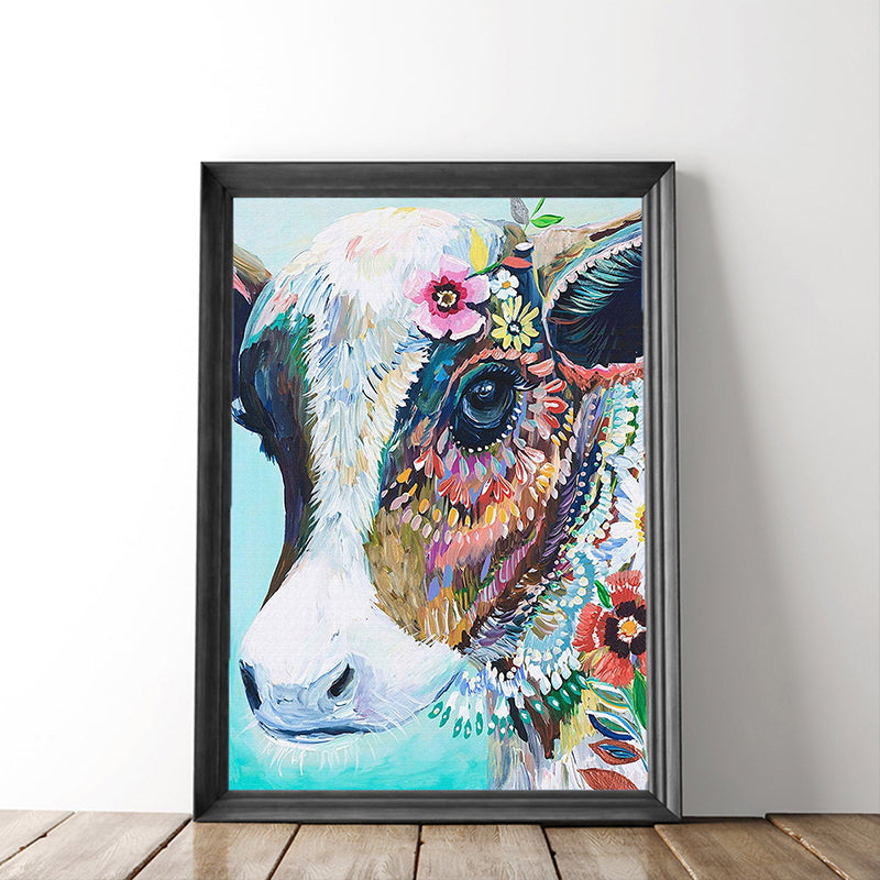 Cow with Flowers Painting Canvas Blue Modernist Style Living Room Wall Art Blue Clearhalo 'Art Gallery' 'Canvas Art' 'Contemporary Art Gallery' 'Modern' Arts' 1598927