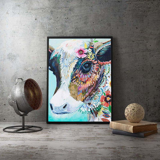 Cow with Flowers Painting Canvas Blue Modernist Style Living Room Wall Art Clearhalo 'Art Gallery' 'Canvas Art' 'Contemporary Art Gallery' 'Modern' Arts' 1598928