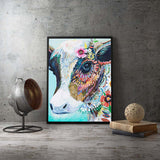 Cow with Flowers Painting Canvas Blue Modernist Style Living Room Wall Art Clearhalo 'Art Gallery' 'Canvas Art' 'Contemporary Art Gallery' 'Modern' Arts' 1598928