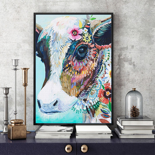 Cow with Flowers Painting Canvas Blue Modernist Style Living Room Wall Art Clearhalo 'Art Gallery' 'Canvas Art' 'Contemporary Art Gallery' 'Modern' Arts' 1598929