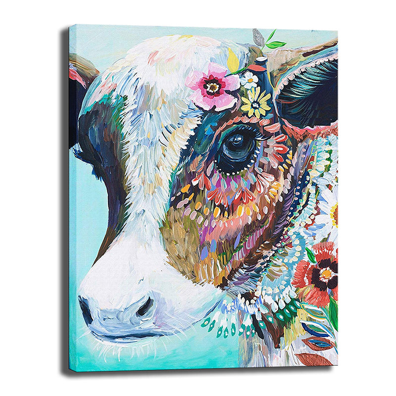 Cow with Flowers Painting Canvas Blue Modernist Style Living Room Wall Art Clearhalo 'Art Gallery' 'Canvas Art' 'Contemporary Art Gallery' 'Modern' Arts' 1598930