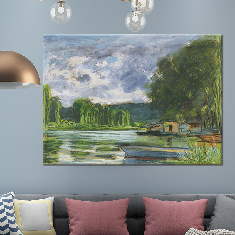 Contemporary Art Painting Green Lakeside House Scenery Wall Decor for Living Room Green Clearhalo 'Art Gallery' 'Canvas Art' 'Contemporary Art Gallery' 'Modern' Arts' 1598946
