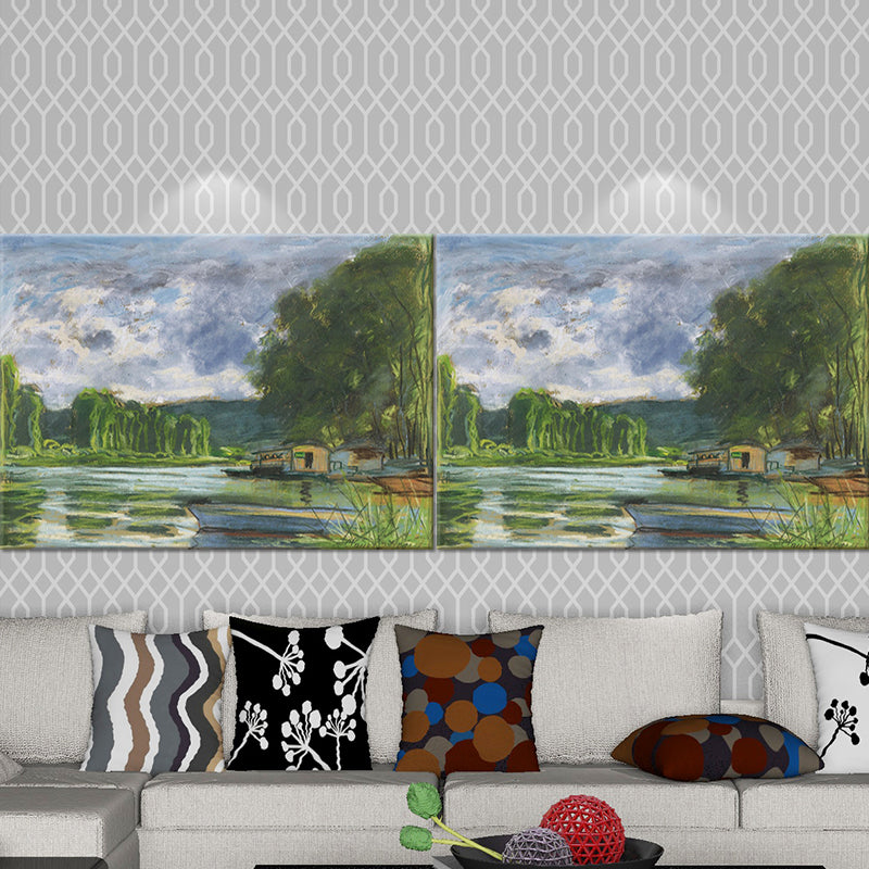 Contemporary Art Painting Green Lakeside House Scenery Wall Decor for Living Room Clearhalo 'Art Gallery' 'Canvas Art' 'Contemporary Art Gallery' 'Modern' Arts' 1598947