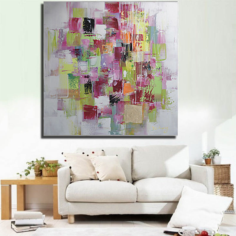 Abstract Mosaics Painting Red and Green Contemporary Art Canvas Print for Living Room Red 24" x 24" Clearhalo 'Art Gallery' 'Canvas Art' 'Contemporary Art Gallery' 'Modern' Arts' 1598972