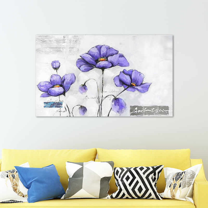 Floweret Wall Art Print for Living Room Beautiful Canvas Painting in Purple on White Purple 24" x 48" Clearhalo 'Art Gallery' 'Canvas Art' 'Contemporary Art Gallery' 'Modern' Arts' 1598982
