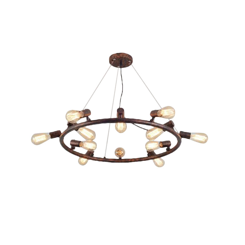 8/12 Lights Circular Hanging Light with Open Bulb Antique Stylish Dark Rust Wrought Iron Chandelier Light Fixture Clearhalo 'Cast Iron' 'Ceiling Lights' 'Chandeliers' 'Industrial Chandeliers' 'Industrial' 'Metal' 'Middle Century Chandeliers' 'Rustic Chandeliers' 'Tiffany' Lighting' 159901