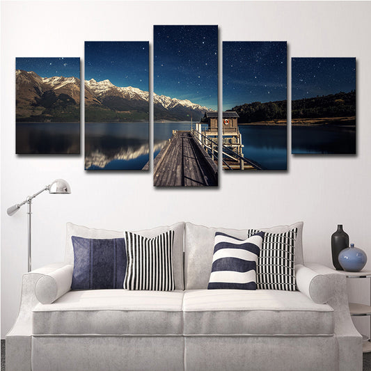 Mountain Starry Night Canvas Art for Home Bridge to River Scenery Wall Decor in Blue, Multi-Piece Blue Clearhalo 'Art Gallery' 'Canvas Art' 'Contemporary Art Gallery' 'Modern' Arts' 1599018