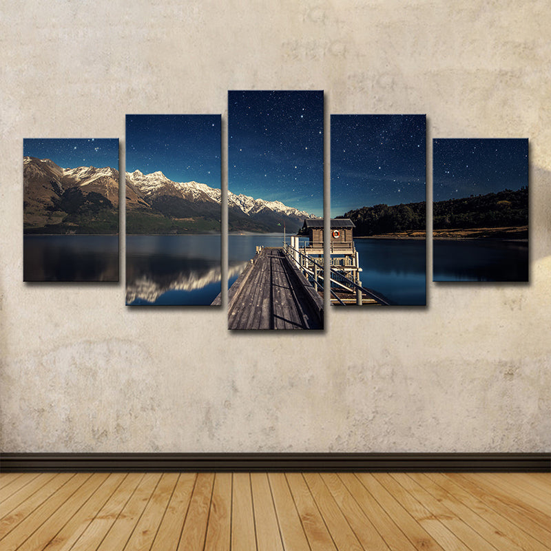 Mountain Starry Night Canvas Art for Home Bridge to River Scenery Wall Decor in Blue, Multi-Piece Clearhalo 'Art Gallery' 'Canvas Art' 'Contemporary Art Gallery' 'Modern' Arts' 1599019