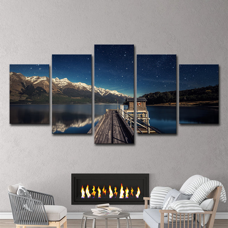 Mountain Starry Night Canvas Art for Home Bridge to River Scenery Wall Decor in Blue, Multi-Piece Clearhalo 'Art Gallery' 'Canvas Art' 'Contemporary Art Gallery' 'Modern' Arts' 1599020