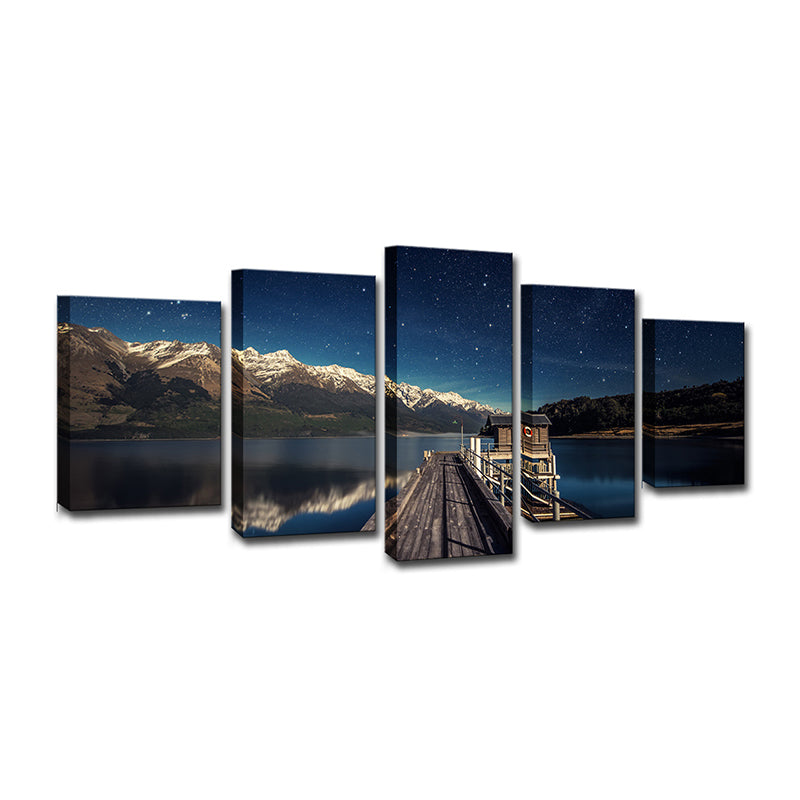 Mountain Starry Night Canvas Art for Home Bridge to River Scenery Wall Decor in Blue, Multi-Piece Clearhalo 'Art Gallery' 'Canvas Art' 'Contemporary Art Gallery' 'Modern' Arts' 1599021