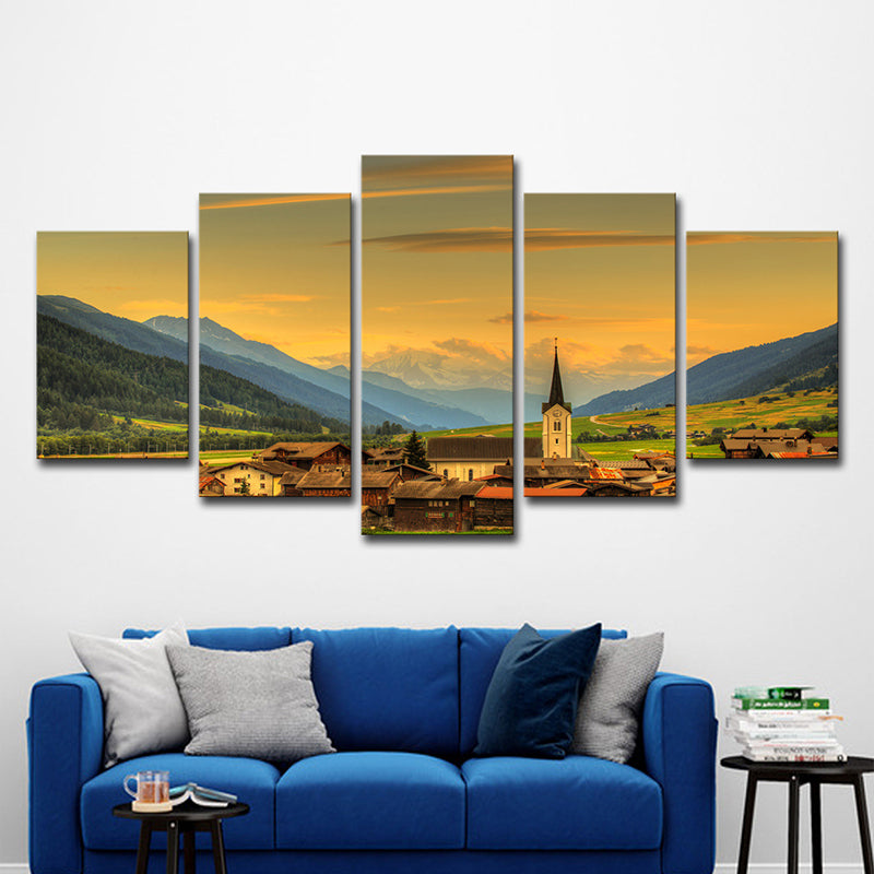 Picturesque European Town Landscape Art Print for Hotel Scenic View Wall Decor in Yellow Clearhalo 'Art Gallery' 'Canvas Art' 'Contemporary Art Gallery' 'Modern' Arts' 1599026