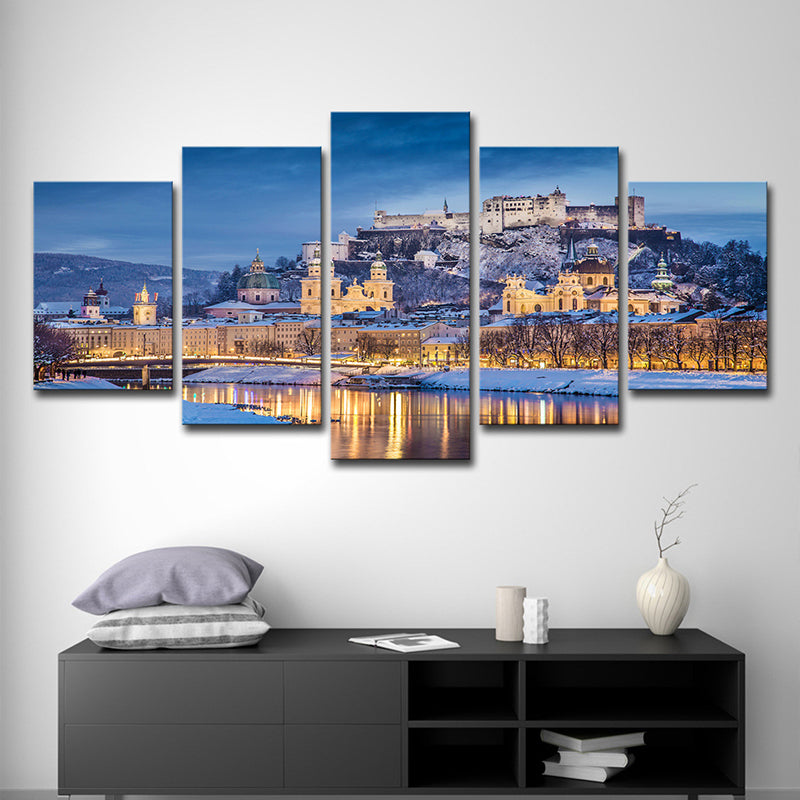 Potala Palace Night Scenery Canvas Art Modern Multi-Piece Living Room Wall Decoration in Blue Blue Clearhalo 'Art Gallery' 'Canvas Art' 'Contemporary Art Gallery' 'Modern' Arts' 1599032