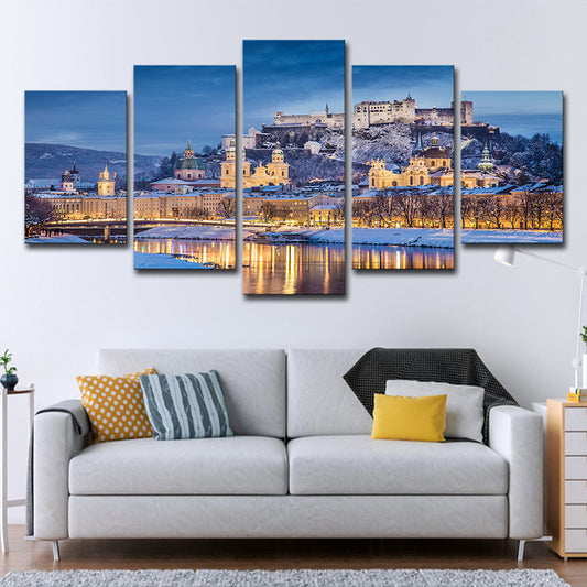 Potala Palace Night Scenery Canvas Art Modern Multi-Piece Living Room Wall Decoration in Blue Clearhalo 'Art Gallery' 'Canvas Art' 'Contemporary Art Gallery' 'Modern' Arts' 1599033