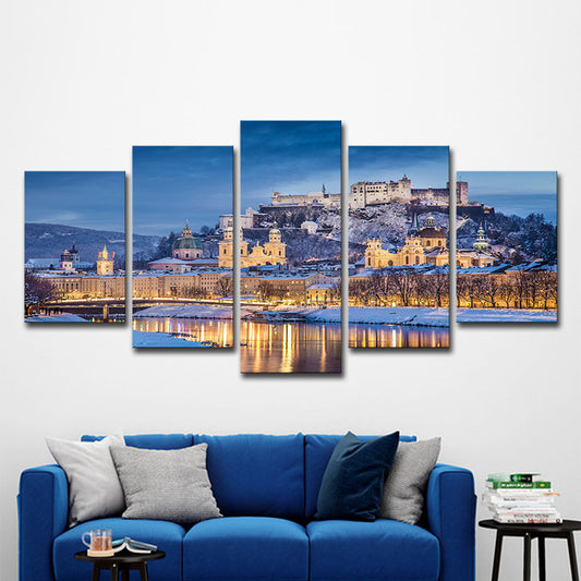 Potala Palace Night Scenery Canvas Art Modern Multi-Piece Living Room Wall Decoration in Blue Clearhalo 'Art Gallery' 'Canvas Art' 'Contemporary Art Gallery' 'Modern' Arts' 1599034