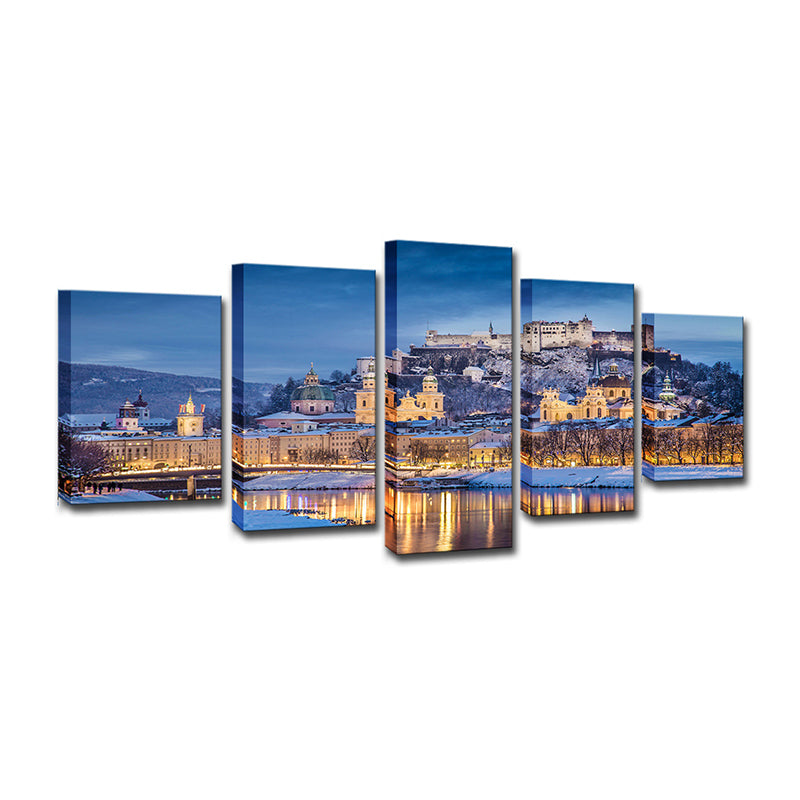Potala Palace Night Scenery Canvas Art Modern Multi-Piece Living Room Wall Decoration in Blue Clearhalo 'Art Gallery' 'Canvas Art' 'Contemporary Art Gallery' 'Modern' Arts' 1599035