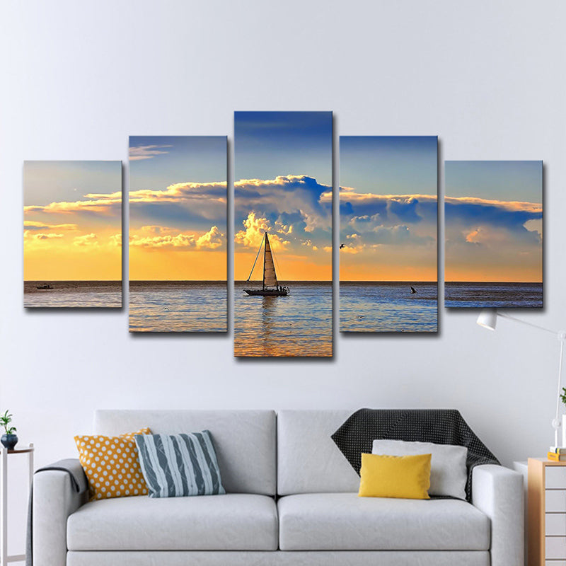 Photography Sailboat in Ocean Sunset Art Print for Living Room, Sky Blue and Yellow Sky Blue Clearhalo 'Art Gallery' 'Canvas Art' 'Coastal Art Gallery' 'Nautical' Arts' 1599039