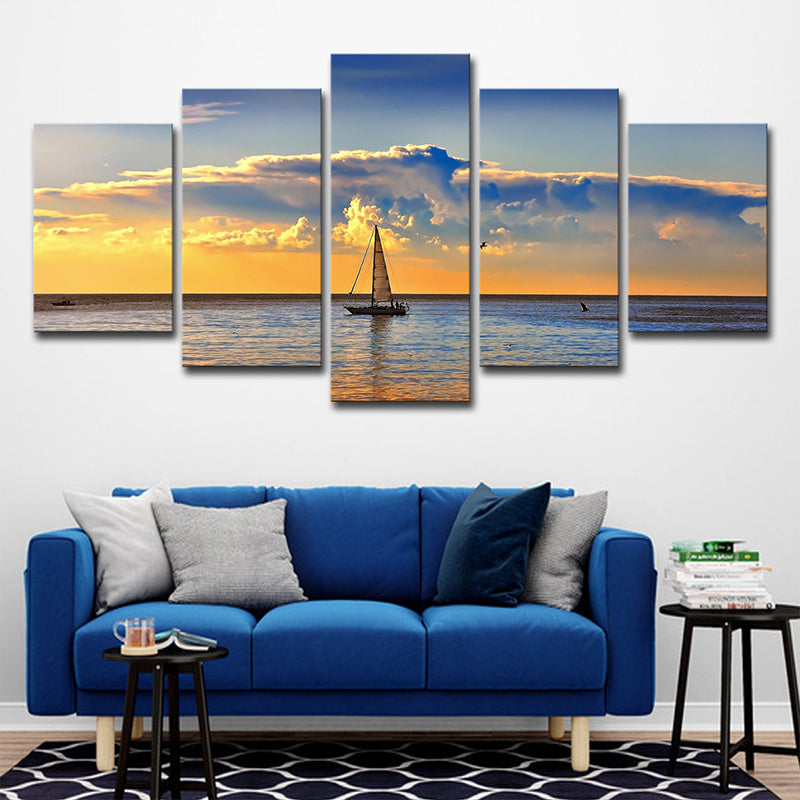 Photography Sailboat in Ocean Sunset Art Print for Living Room, Sky Blue and Yellow Clearhalo 'Art Gallery' 'Canvas Art' 'Coastal Art Gallery' 'Nautical' Arts' 1599040