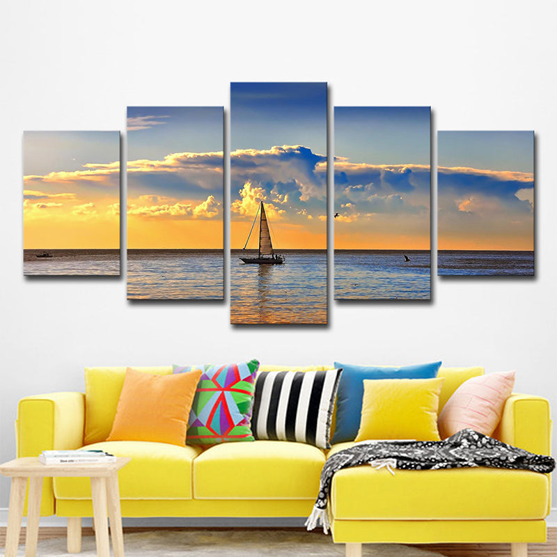 Photography Sailboat in Ocean Sunset Art Print for Living Room, Sky Blue and Yellow Clearhalo 'Art Gallery' 'Canvas Art' 'Coastal Art Gallery' 'Nautical' Arts' 1599041