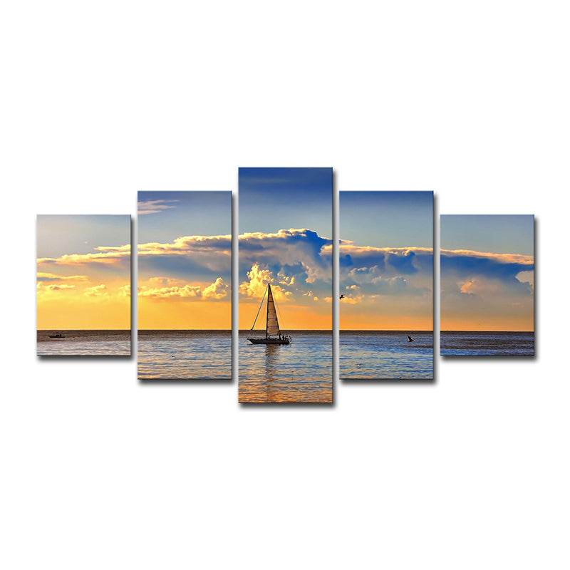 Photography Sailboat in Ocean Sunset Art Print for Living Room, Sky Blue and Yellow Clearhalo 'Art Gallery' 'Canvas Art' 'Coastal Art Gallery' 'Nautical' Arts' 1599042