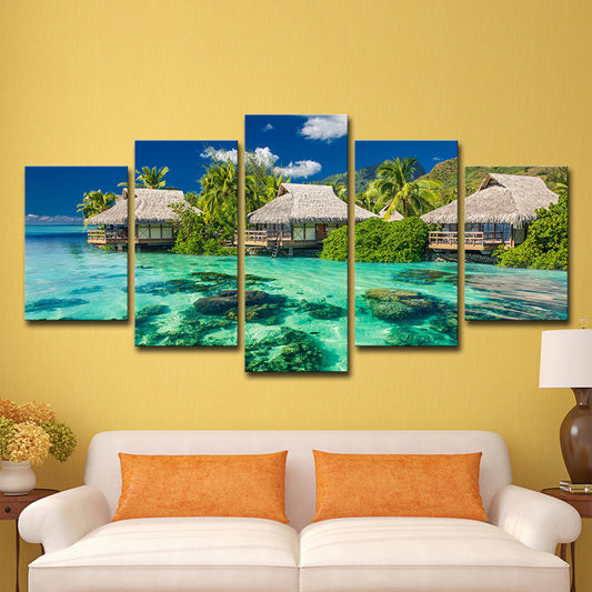 Tropical Resort Seascape Art Print Aqua Living Room Wall Decoration, Multi-Piece Aqua Clearhalo 'Art Gallery' 'Canvas Art' 'Coastal Art Gallery' 'Nautical' Arts' 1599046