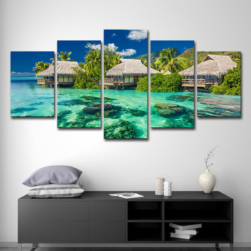 Tropical Resort Seascape Art Print Aqua Living Room Wall Decoration, Multi-Piece Clearhalo 'Art Gallery' 'Canvas Art' 'Coastal Art Gallery' 'Nautical' Arts' 1599047