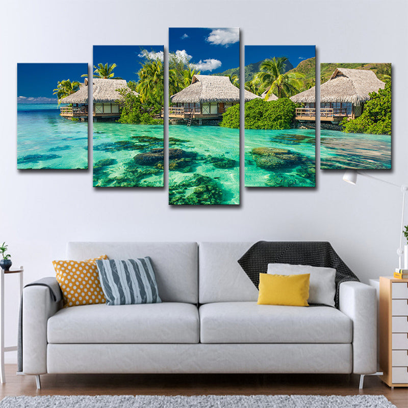 Tropical Resort Seascape Art Print Aqua Living Room Wall Decoration, Multi-Piece Clearhalo 'Art Gallery' 'Canvas Art' 'Coastal Art Gallery' 'Nautical' Arts' 1599048