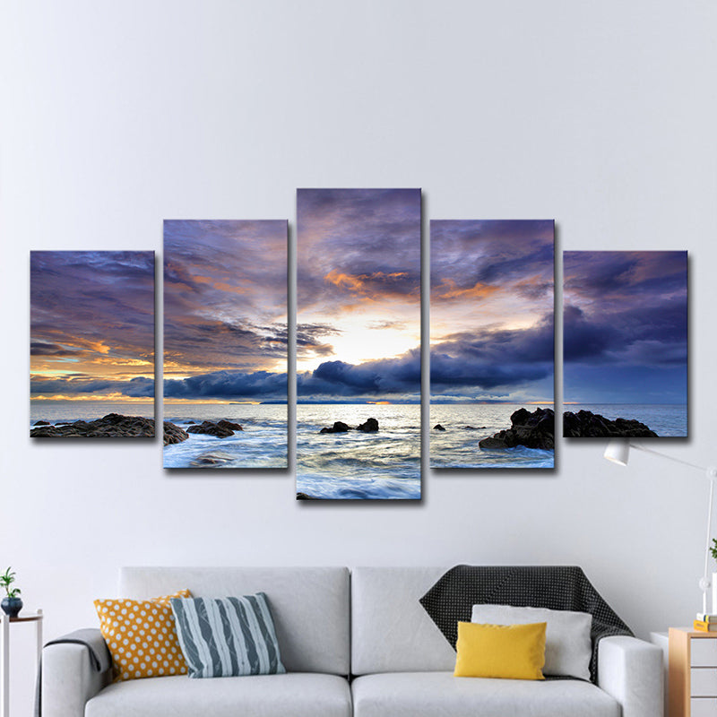 Nightfall Cloudy Ocean Scenery Art Print Modern Multi-Piece Canvas Wall Decor in Blue Clearhalo 'Art Gallery' 'Canvas Art' 'Contemporary Art Gallery' 'Modern' Arts' 1599054