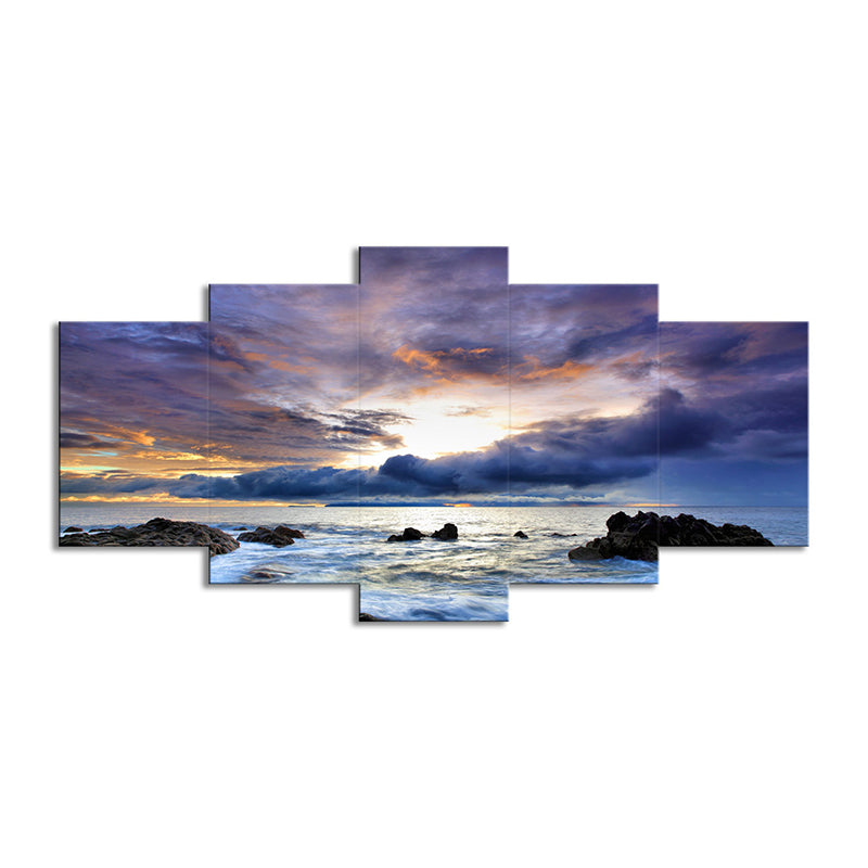 Nightfall Cloudy Ocean Scenery Art Print Modern Multi-Piece Canvas Wall Decor in Blue Clearhalo 'Art Gallery' 'Canvas Art' 'Contemporary Art Gallery' 'Modern' Arts' 1599056