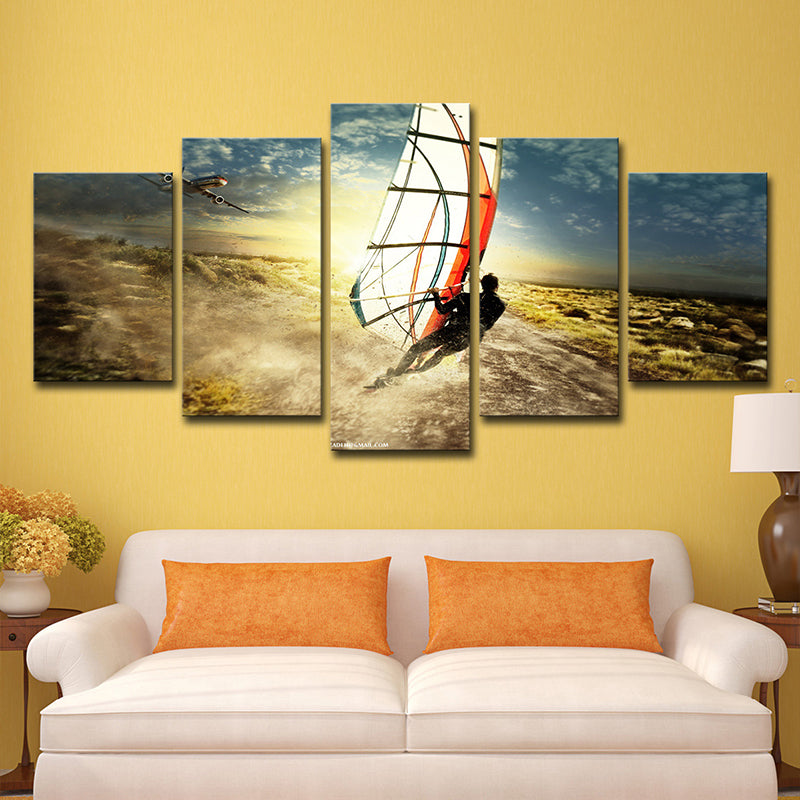 Cool Windsurfing at Sunset Art Print for House Interior Extreme Sport Wall Decor in Blue Blue Clearhalo 'Art Gallery' 'Canvas Art' 'Coastal Art Gallery' 'Nautical' Arts' 1599060