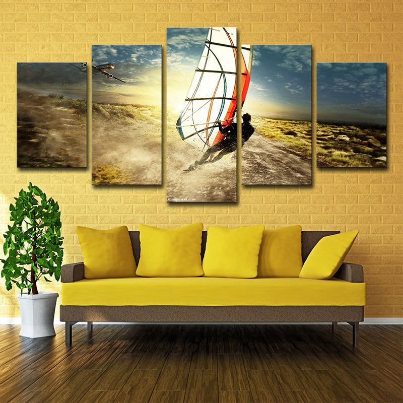 Cool Windsurfing at Sunset Art Print for House Interior Extreme Sport Wall Decor in Blue Clearhalo 'Art Gallery' 'Canvas Art' 'Coastal Art Gallery' 'Nautical' Arts' 1599061