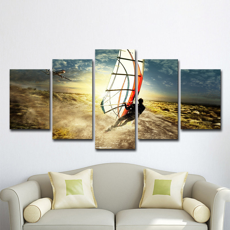 Cool Windsurfing at Sunset Art Print for House Interior Extreme Sport Wall Decor in Blue Clearhalo 'Art Gallery' 'Canvas Art' 'Coastal Art Gallery' 'Nautical' Arts' 1599062