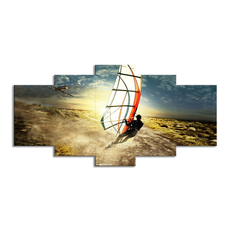 Cool Windsurfing at Sunset Art Print for House Interior Extreme Sport Wall Decor in Blue Clearhalo 'Art Gallery' 'Canvas Art' 'Coastal Art Gallery' 'Nautical' Arts' 1599063