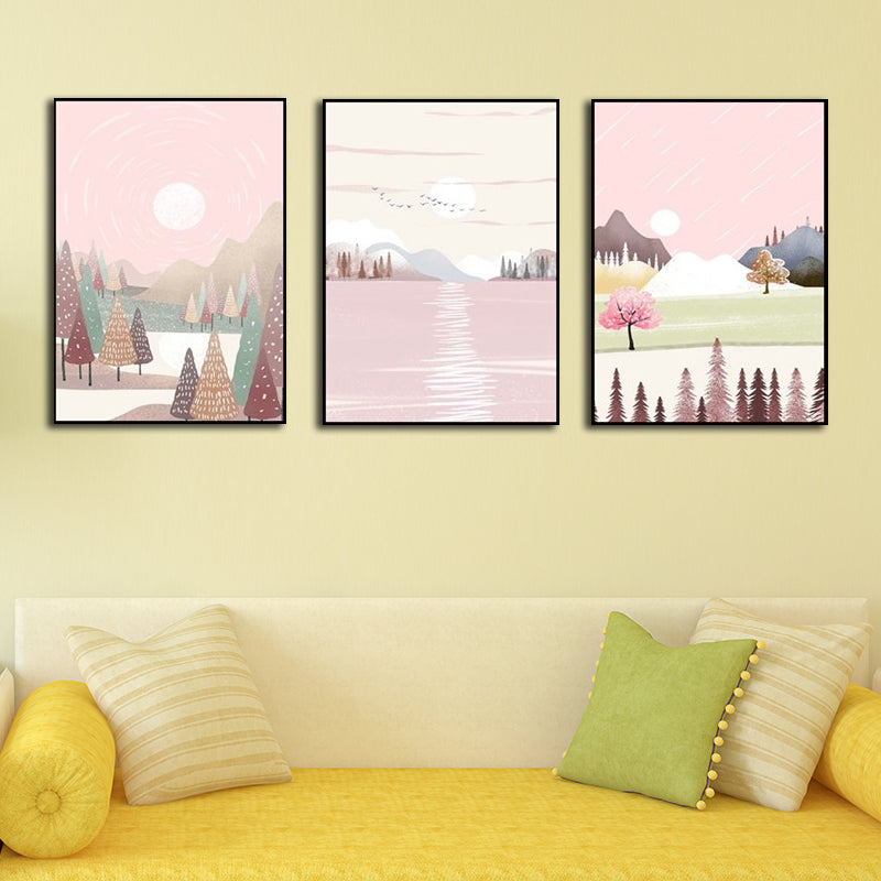 Park Scenery Wall Art Set for Living Room Beautiful Landscape Print Canvas in Pink Pink Clearhalo 'Art Gallery' 'Canvas Art' 'Kids' Arts' 1599079