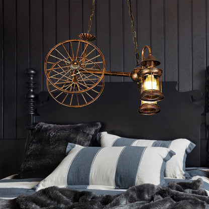 Rustic Stylish Wheel Design Hanging Lamp with Lantern Shade 2 Lights Metal Chandelier Lighting in Brass Brass Clearhalo 'Ceiling Lights' 'Chandeliers' Lighting' options 159908_3c552f5e-68fa-452b-bc6a-3a8cc3896425