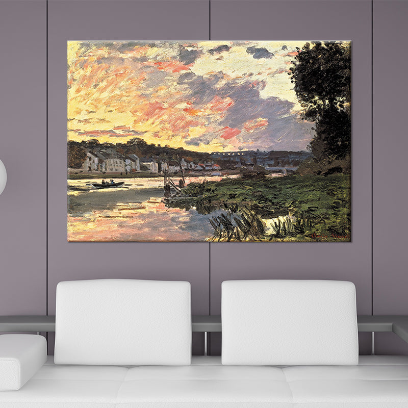 Riverside Village Landscape Canvas Art Green Contemporary Wall Decoration for Hotel Green Clearhalo 'Art Gallery' 'Canvas Art' 'Contemporary Art Gallery' 'Modern' Arts' 1599169