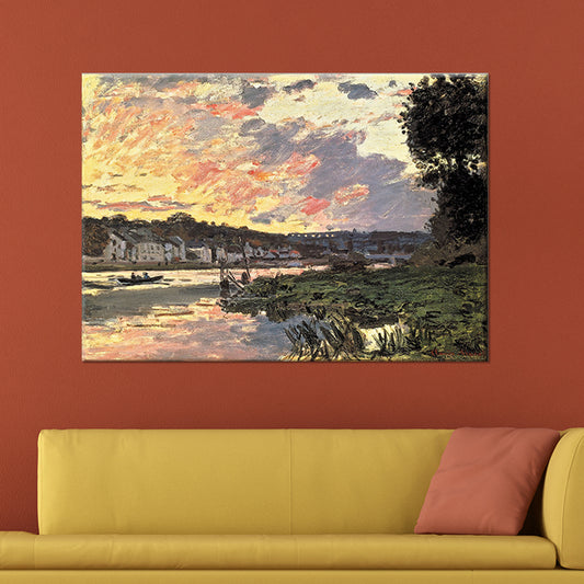 Riverside Village Landscape Canvas Art Green Contemporary Wall Decoration for Hotel Clearhalo 'Art Gallery' 'Canvas Art' 'Contemporary Art Gallery' 'Modern' Arts' 1599170