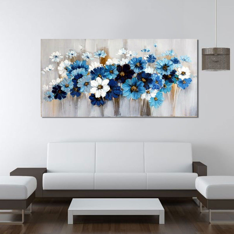 Daisies Wall Art Print Blue and White Canvas Painting for Living Room, Textured Surface Blue 24" x 48" Clearhalo 'Art Gallery' 'Canvas Art' 'Contemporary Art Gallery' 'Modern' Arts' 1599197