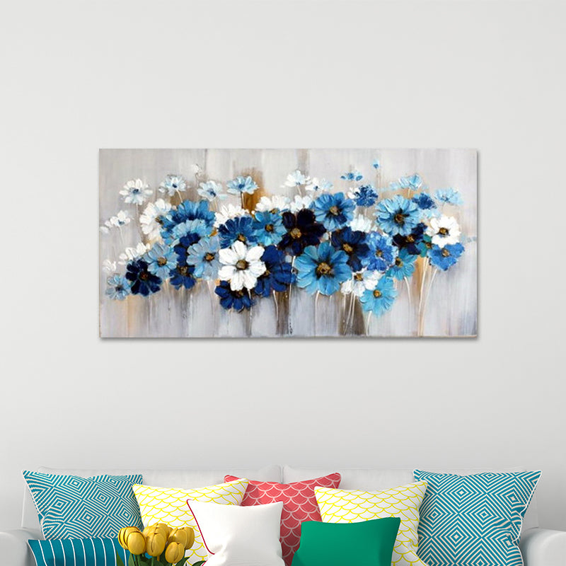 Daisies Wall Art Print Blue and White Canvas Painting for Living Room, Textured Surface Clearhalo 'Art Gallery' 'Canvas Art' 'Contemporary Art Gallery' 'Modern' Arts' 1599198