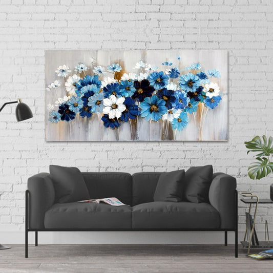 Daisies Wall Art Print Blue and White Canvas Painting for Living Room, Textured Surface Clearhalo 'Art Gallery' 'Canvas Art' 'Contemporary Art Gallery' 'Modern' Arts' 1599199
