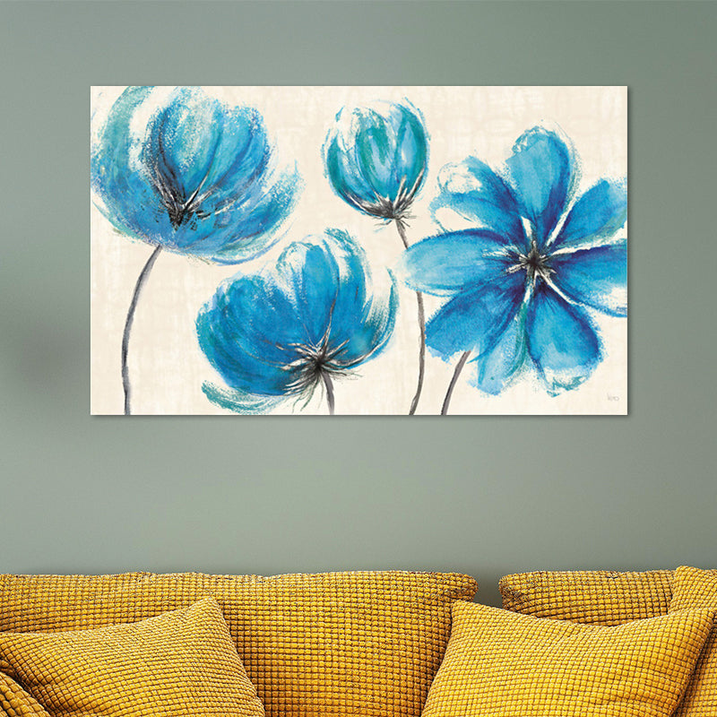 Modernist Flower Wall Art Living Room Textured Canvas Print in Blue and White Blue 24" x 48" Clearhalo 'Art Gallery' 'Canvas Art' 'Contemporary Art Gallery' 'Modern' Arts' 1599202