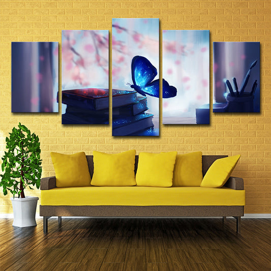 Contemporary Wall Art Blue Butterfly on Books Canvas Print for Living Room Blue Clearhalo 'Art Gallery' 'Canvas Art' 'Contemporary Art Gallery' 'Modern' Arts' 1599280