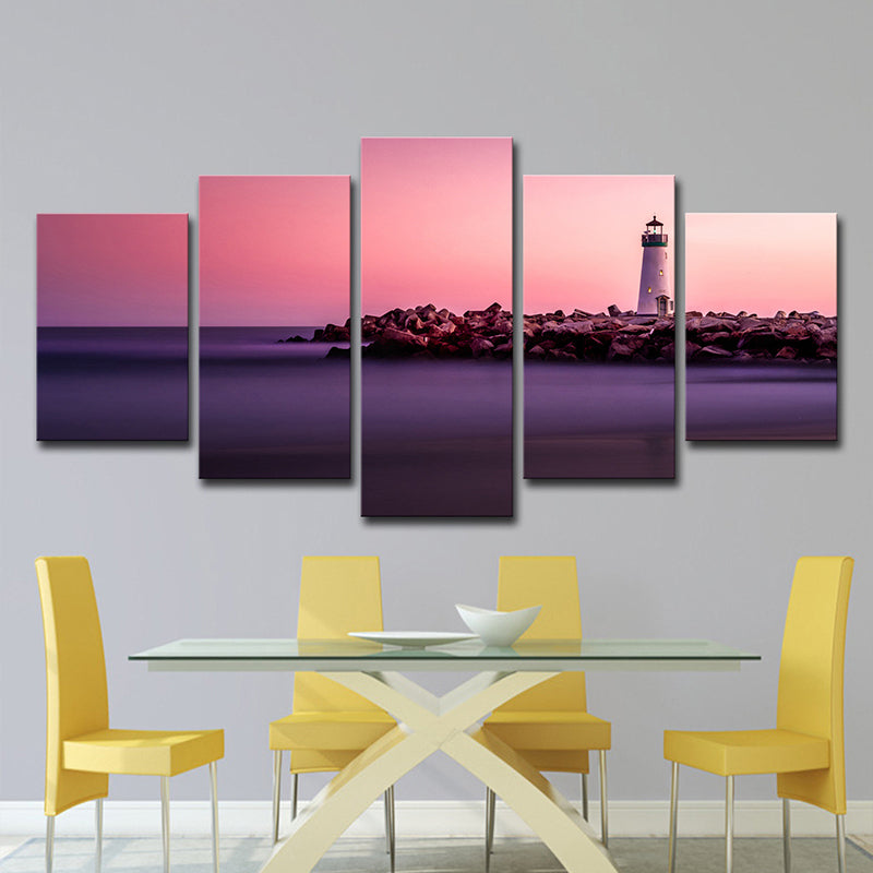 Sunset Seascape Lighthouse Canvas Print Contemporary Multi-Piece Wall Art in Pink Pink Clearhalo 'Art Gallery' 'Canvas Art' 'Contemporary Art Gallery' 'Modern' Arts' 1599287
