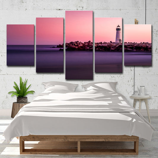 Sunset Seascape Lighthouse Canvas Print Contemporary Multi-Piece Wall Art in Pink Clearhalo 'Art Gallery' 'Canvas Art' 'Contemporary Art Gallery' 'Modern' Arts' 1599288