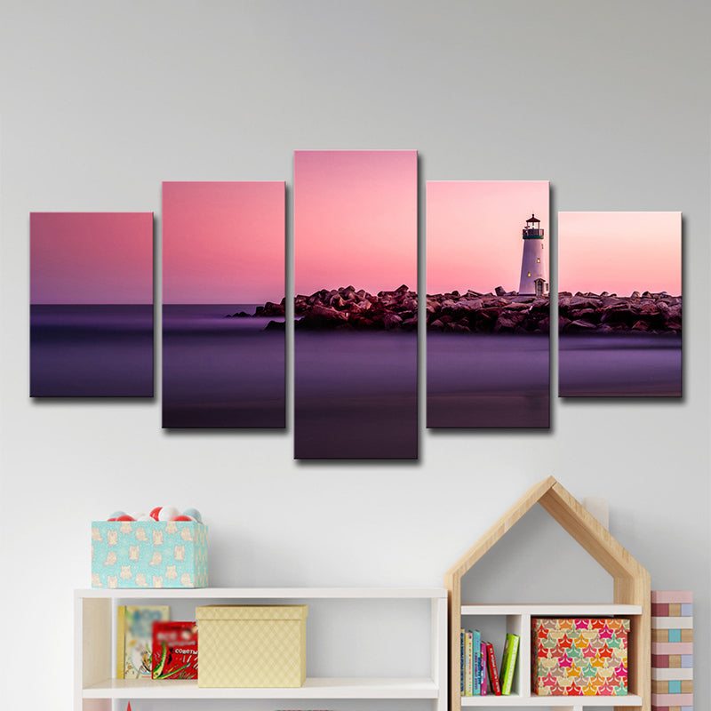 Sunset Seascape Lighthouse Canvas Print Contemporary Multi-Piece Wall Art in Pink Clearhalo 'Art Gallery' 'Canvas Art' 'Contemporary Art Gallery' 'Modern' Arts' 1599289