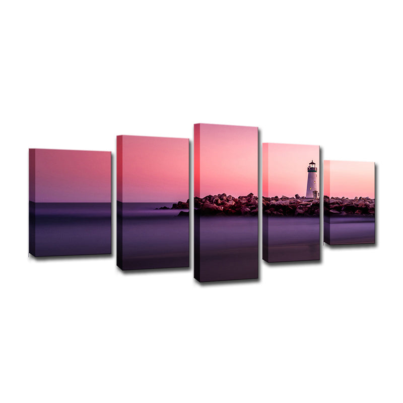 Sunset Seascape Lighthouse Canvas Print Contemporary Multi-Piece Wall Art in Pink Clearhalo 'Art Gallery' 'Canvas Art' 'Contemporary Art Gallery' 'Modern' Arts' 1599290